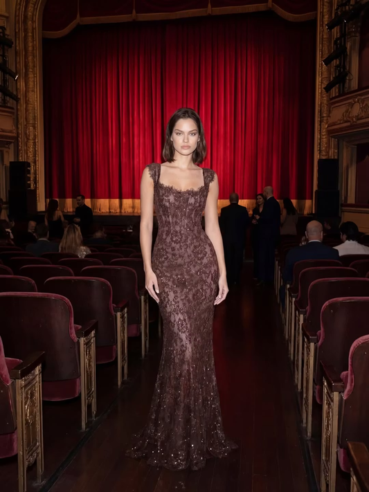 Brown Mermaid Strap Sequin Lace Long Prom Dress Evening Dress SH8552