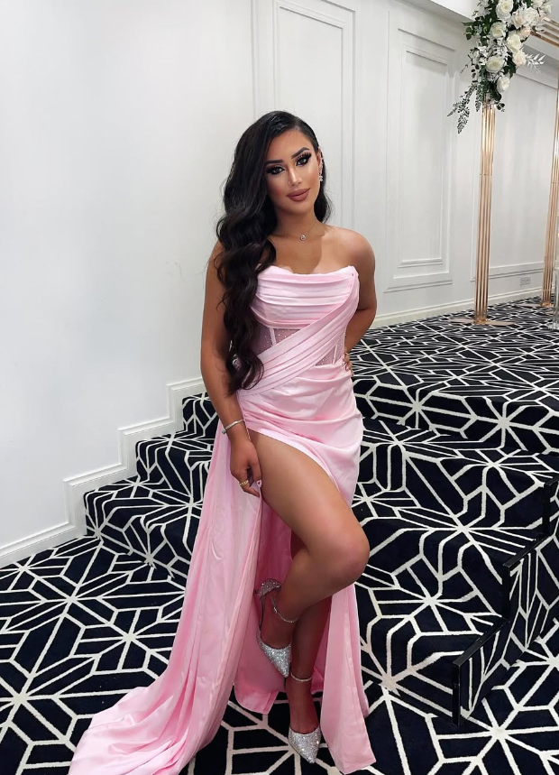 Pink A Line Strapless Corset Satin Long Prom Dress Evening Dress with Slit SH1913