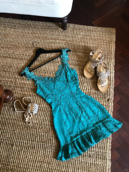 Lake Blue A Line Strap Lace Short Prom Dress Homecoming Dress SH7185