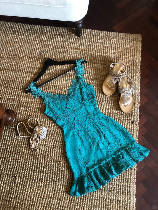 Lake Blue A Line Strap Lace Short Prom Dress Homecoming Dress SH7185