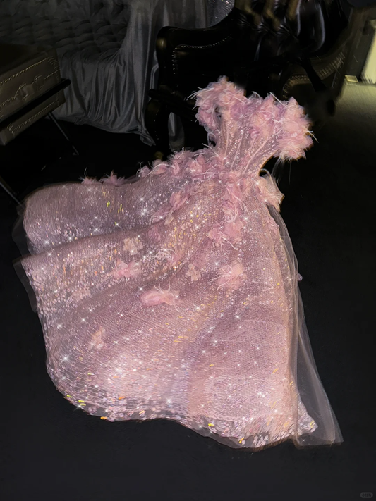 Princess A Line Off the Shoulder Pink Feather Flower Sequin Prom Dress Evening Dress SH2976