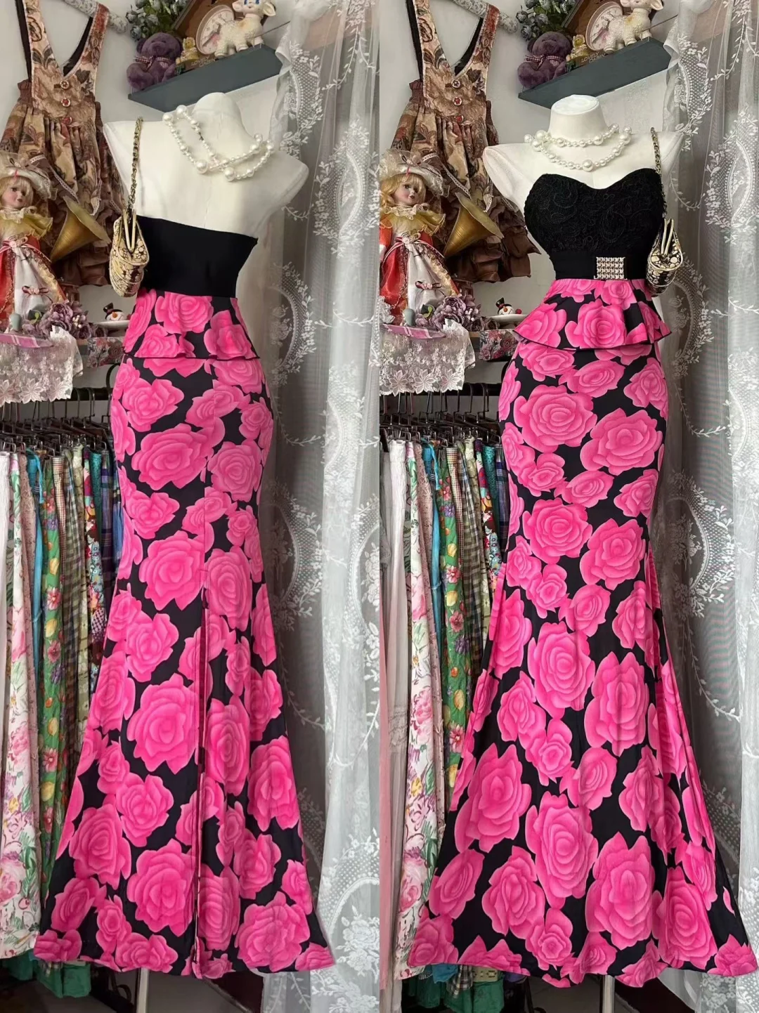 Vintage Mermaid Sweetheart Neck Pink Print Floral Satin Prom Dress Evening Party Dress SH5671