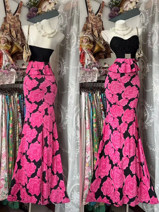 Vintage Mermaid Sweetheart Neck Pink Print Floral Satin Prom Dress Evening Party Dress SH5671
