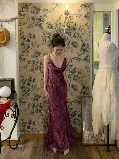 Vintage Purple Mermaid Spaghetti Strap Velvet Open Back Prom Dress 22th Birthday Dress SH4405