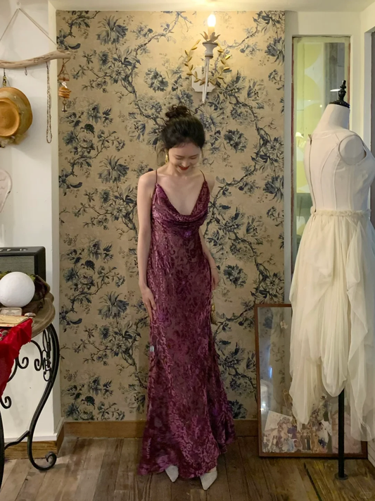Vintage Purple Mermaid Spaghetti Strap Velvet Open Back Prom Dress 22th Birthday Dress SH4405