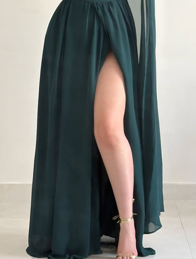 Ethereal Dark Green One Shoulder Chiffon Slit Prom Dress Evening Dress SH6867