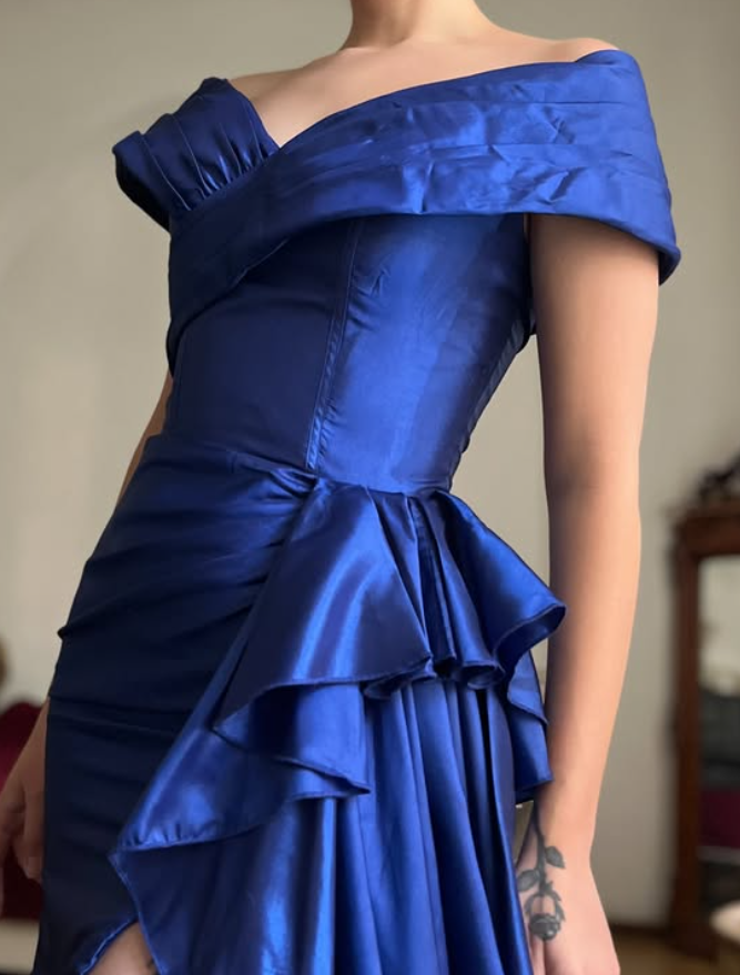 Vintage Royal Blue Mermaid V Neck Satin Slit Prom Dress Evening Dress Date Dress SH5635
