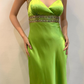 Vintage Sheath Strap Beaded Sequin Green Satin Open Back Prom Dress Evening Dress SH2163