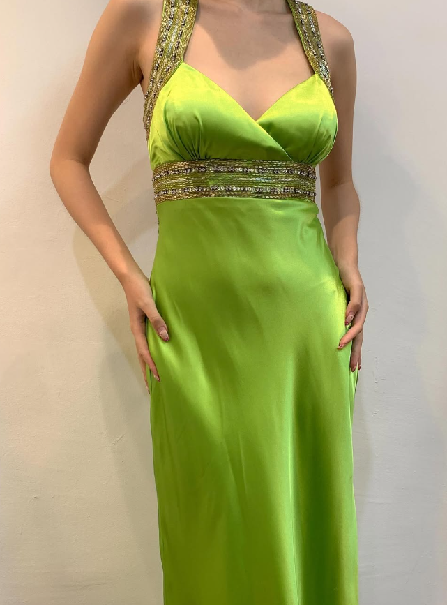 Vintage Sheath Strap Beaded Sequin Green Satin Open Back Prom Dress Evening Dress SH2163