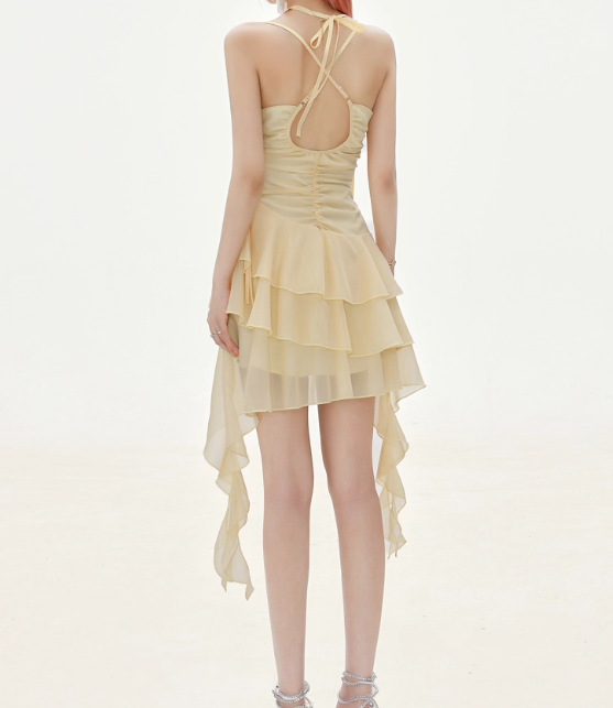 Flowy A Line Halter Layered Yellow Chiffon Open Back Short Homecoming Dress Cocktail Dress SH3174