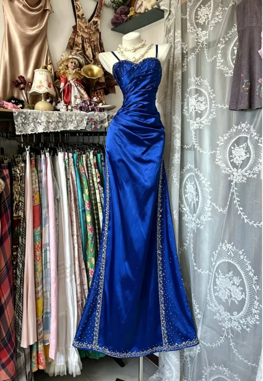 Vintage Royal Blue Mermaid Spaghetti Strap Shiny Beaded Satin Prom Dress Evening Dress SH5860