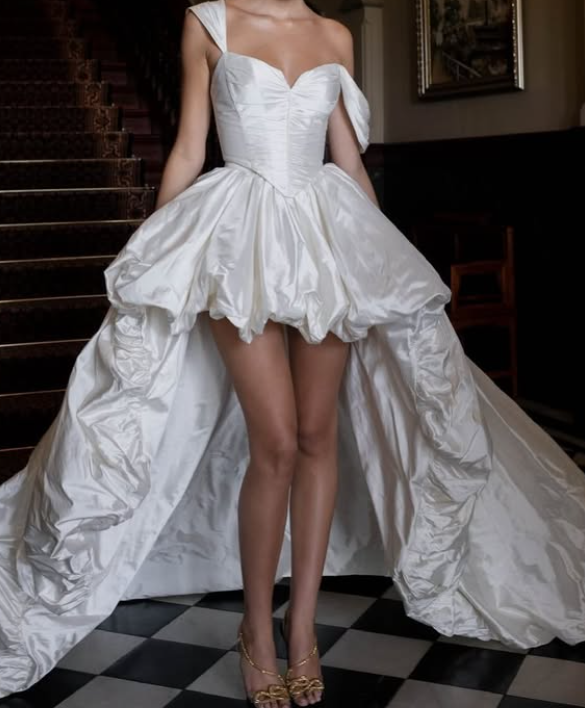 Cute A Line Straps White Pleated Satin Prom Dress Wedding Dress SH4698