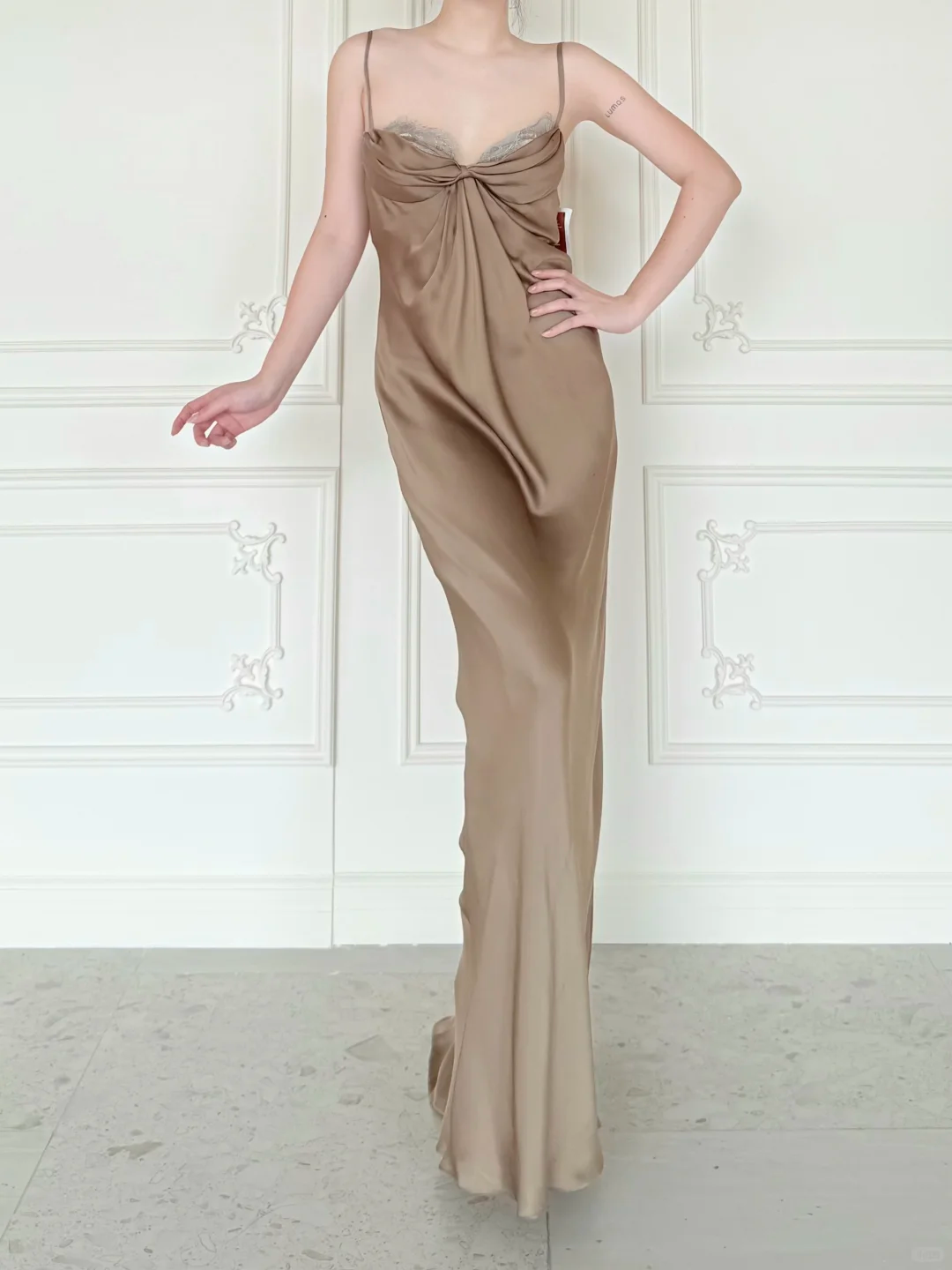 Simple Sheath Spaghetti Strap Brown Satin Long Prom Dress Evening Dress SH6764