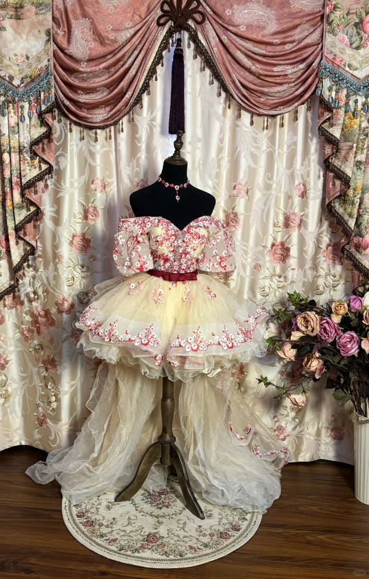 Cute Floral A Line Off the Shoulder Tulle Long Sweep Homecoming Dress Cocktail Dress SH3709