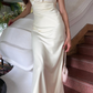 Simple Ivory A Line Straps Satin Long Wedding Guest Dress Party Dress SH3305