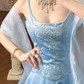 Vintage Blue A Line Embroidery Organza Satin Long Prom Dress Evening Dress SH5654