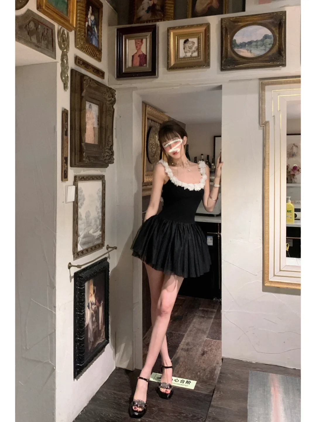 Cute A Line Straps White Floral Black Tulle Short Homecoming Dress Outfits SH5824
