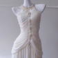 Elegant White A Line Halter Pearl Pleated Chiffon Prom Dress Vacation Dress SH4503