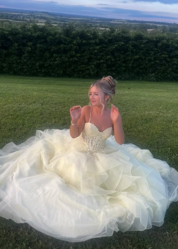 Ivory A Line Spaghetti Strap Lace Ruffle Tulle Prom Dress Birthday Dress SH9007