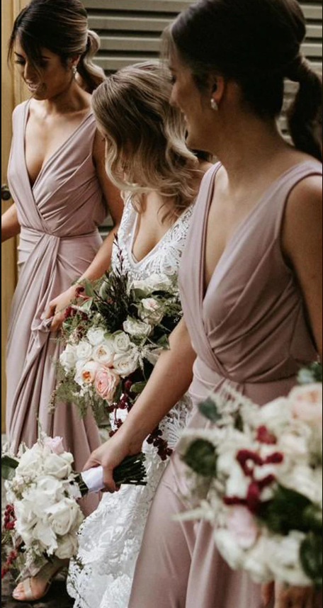 Dusty Pink Elastic Satin V-neck Sheath Long Bridesmaid Dresses SH5585