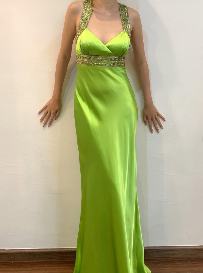 Vintage Sheath Strap Beaded Sequin Green Satin Open Back Prom Dress Evening Dress SH2163