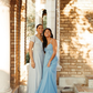 Gentle A Line Ruffle Blue Chiffon Evening Dress Bridesmaid Dress with Slit SH2703
