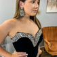 Sexy Black Mermaid Strapless Shiny Rhinestone Velvet Long Prom Dress Evening Dress SH6774