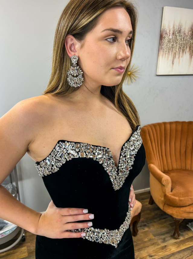 Sexy Black Mermaid Strapless Shiny Rhinestone Velvet Long Prom Dress Evening Dress SH6774