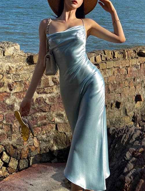 Simple Blue Sheath Spaghetti Strap Satin Open Back Prom Dress Party Dress SH4028