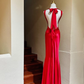 Vintage Red Mermaid Halter Satin Chiffon Open Back Long Prom Dress SH5208
