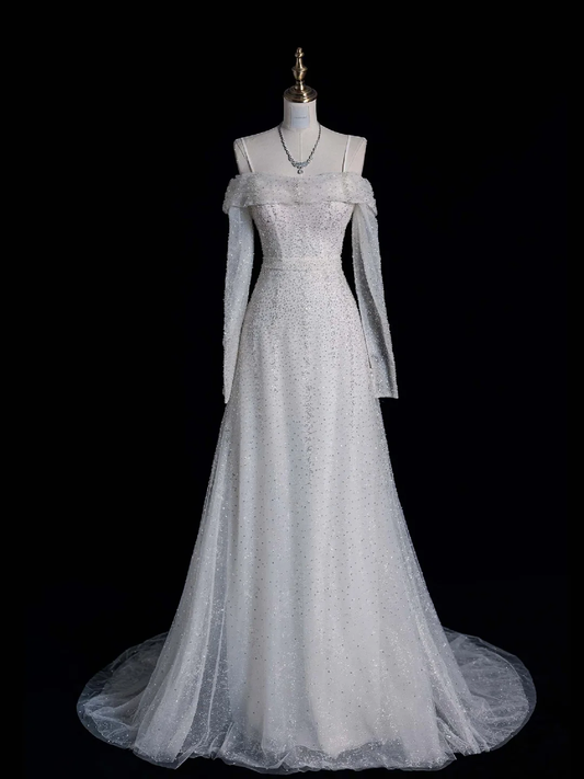 Silver Sequin A Line Long Sleeve White Tulle Wedding Dress Prom Dress SH4113