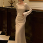 Vintage White Bell Sleeve Ruched Satin Mermaid Prom Dress Evening Dress SH1243