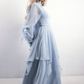Blue A Line Straps Chiffon Slit Long Prom Dress Evening Dress with Cape SH3319