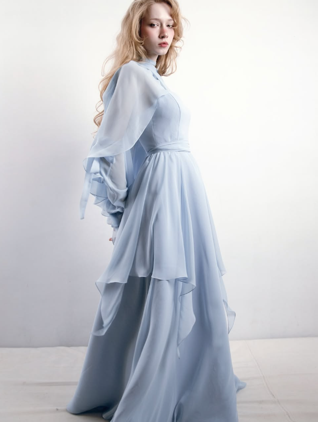Blue A Line Straps Chiffon Slit Long Prom Dress Evening Dress with Cape SH3319