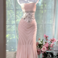Light Apricot Mermaid Spaghetti Strap Beaded Chiffon Prom Dress Wedding Guest Dress SH4327