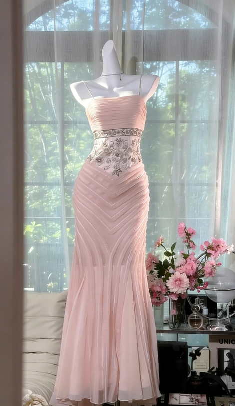 Light Apricot Mermaid Spaghetti Strap Beaded Chiffon Prom Dress Wedding Guest Dress SH4327