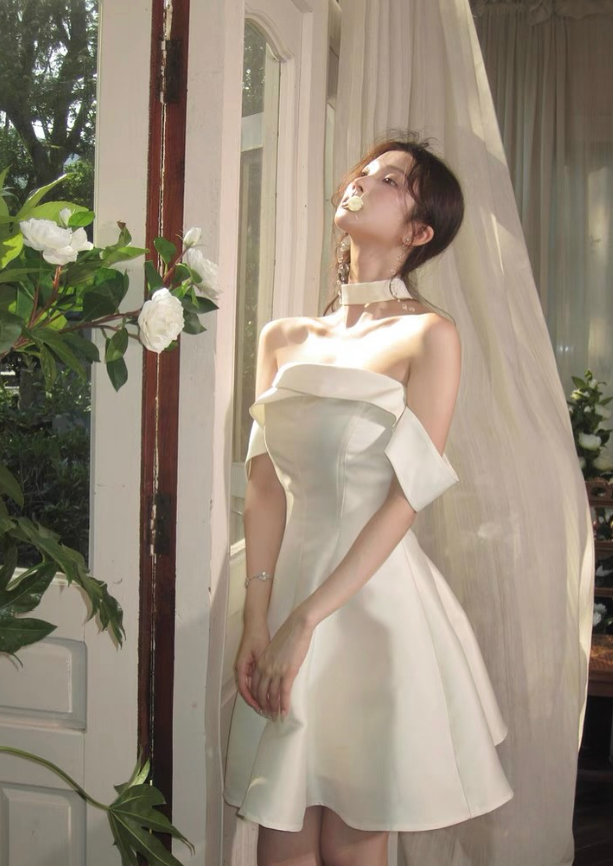 Classic White A Line Off the Shoulder Satin Short Prom Dress Homecoming Dress SH6006