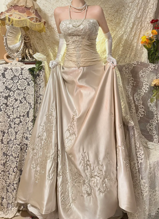 Vintage A Line Strapless Beaded Apricot Satin Prom Dress Wedding Guest Dress SH4653