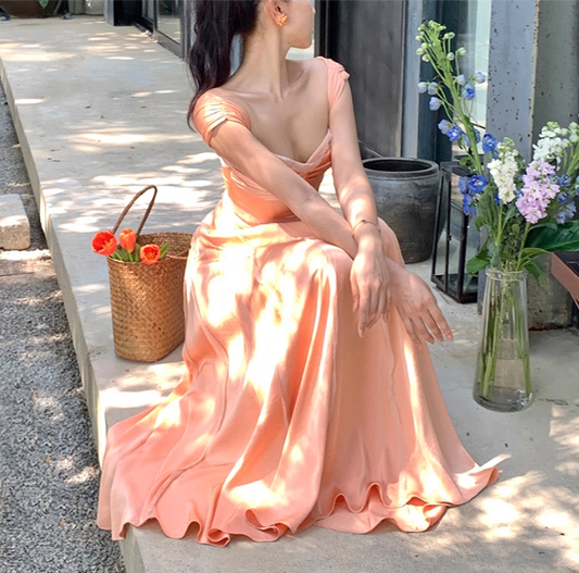 Simple A Line Spaghetti Strap Satin Long Prom Dress Evening Dress Formal Gown SH4045