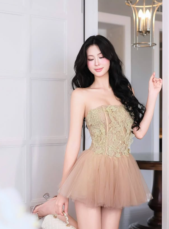 Khaki A Line Strapless Lace Tulle Short Homecoming Dress SH4786