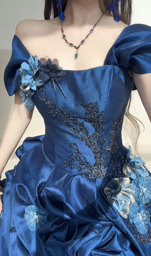Dark Blue Ball Gown Off the Shoulder Beaded Organza Satin Graduation Ball Gown 18th Birthday Dress SH4986