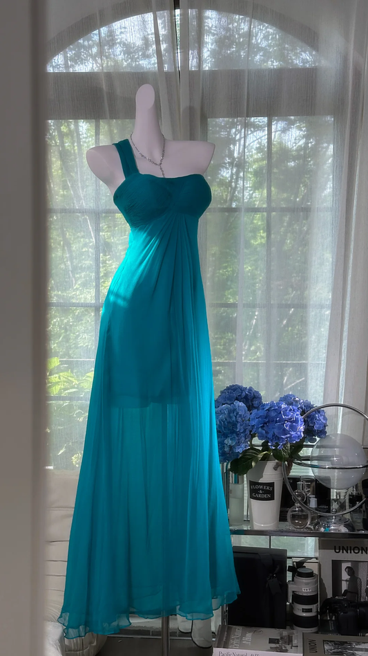 Peacock Blue A Line One Shoulder Chiffon Prom Dress Wedding Guest Dress SH4487