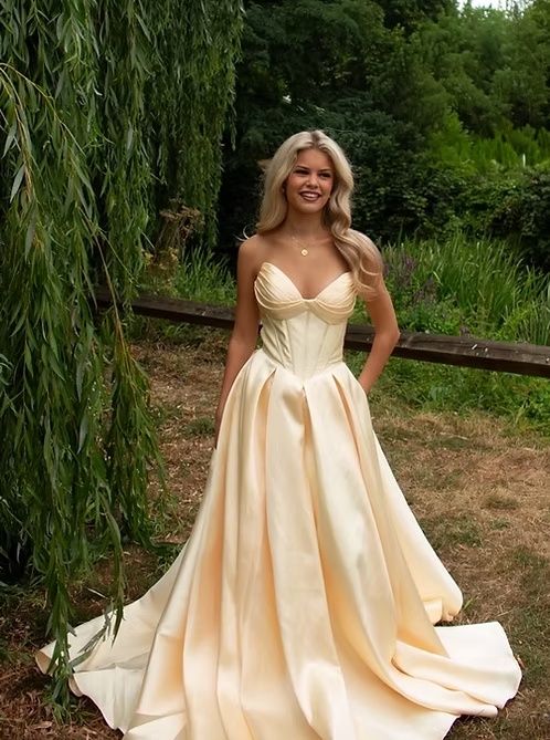 Light Yellow A Line Sweetheart Neck Corset Satin Long Prom Dress Evening Dress SH8820