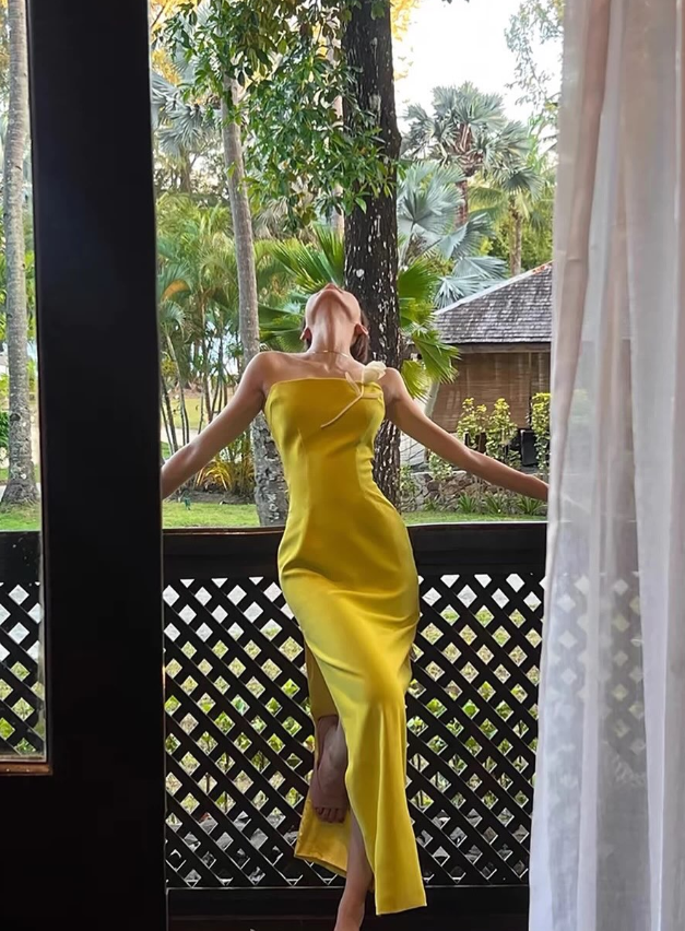Elegant Sheath Strapless Satin Slit Prom Dress Evening Dress Date Dress SH5641