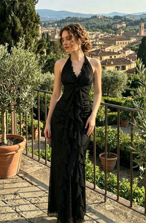 Vintage Mermaid Halter Sleeveless Long Black Lace Evening Dress Prom Dresses SH3093