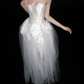 Unique A Line Strapless 3D Floral White Satin Tulle Long Wedding Dress SH5964