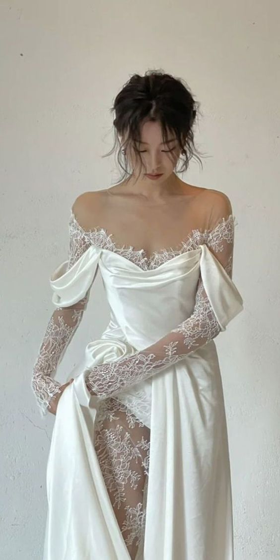 Charming White Satin Lace Long Prom Dress Wedding Dress SH968