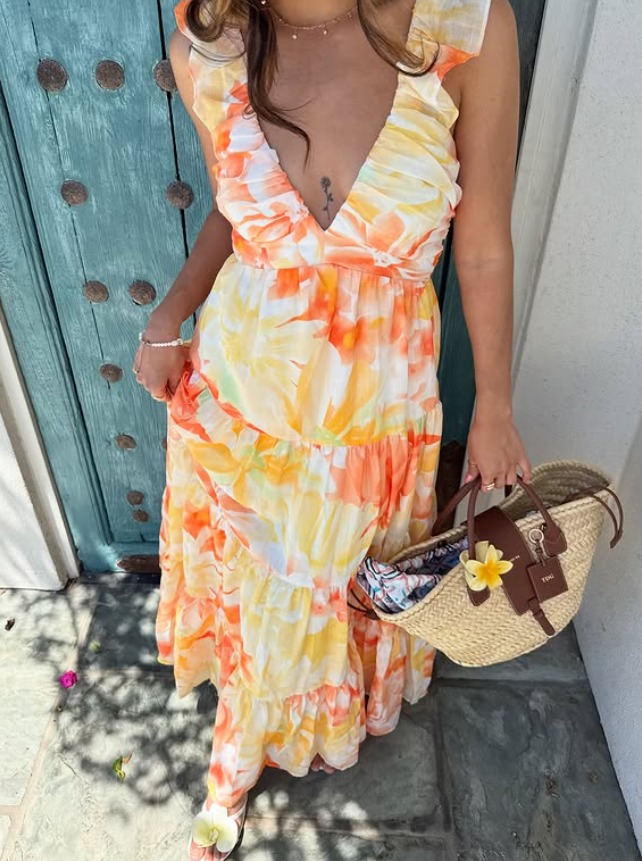 Yellow A Line Strap Orange Print Floral Chiffon Prom Dress Vacation Dress SH6256