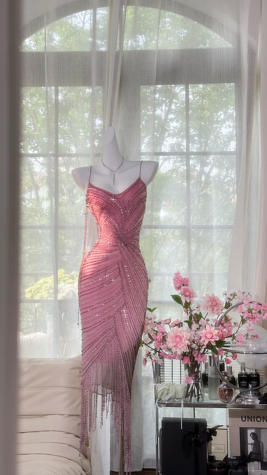 Charming Sheath Spaghetti Strap Beaded Pink Chiffon Party Dress Homecoming Dress SH2952