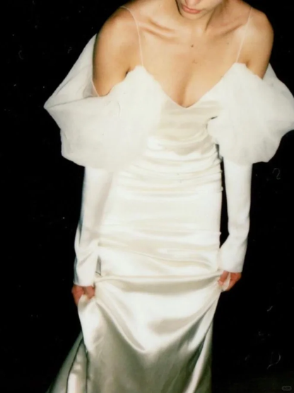 Vintage Simple Mermaid Long Sleeve White Satin Tulle Long Sweep Wedding Dress SH4939